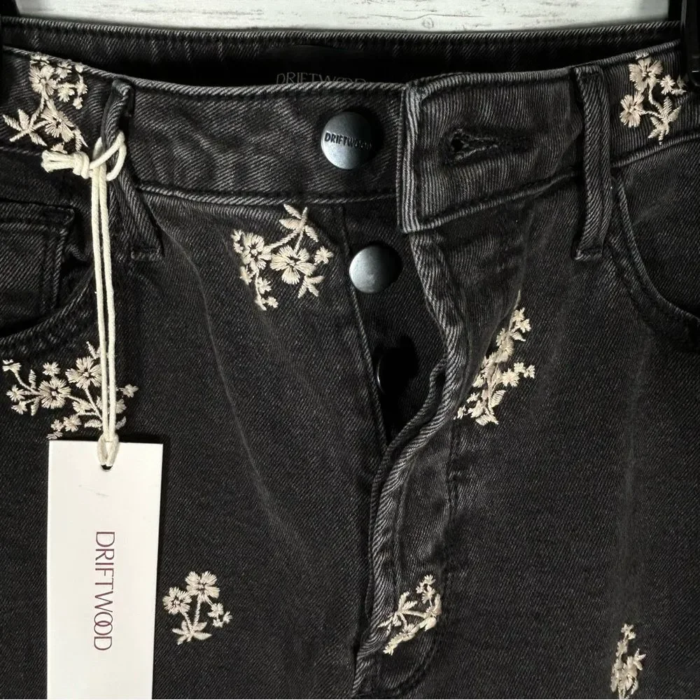 Driftwood Jeans Black Royce Clover Embroidered Button fly Raw Hem 32x26 NWT - Picture 5 of 10
